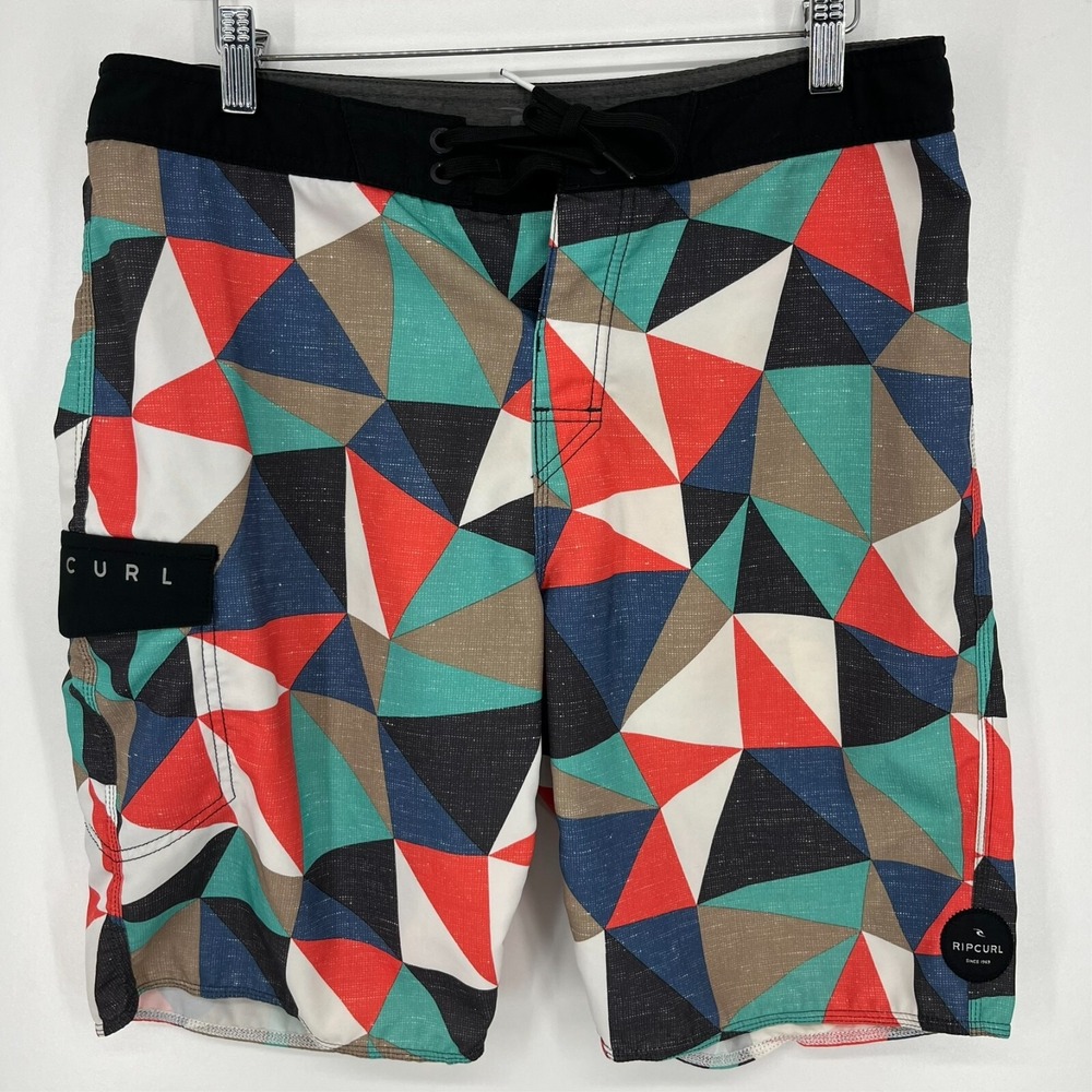Rip‎ Curl Swim Trunks Men's Size 32 Multicolor Geometric Pockets Tie Closure